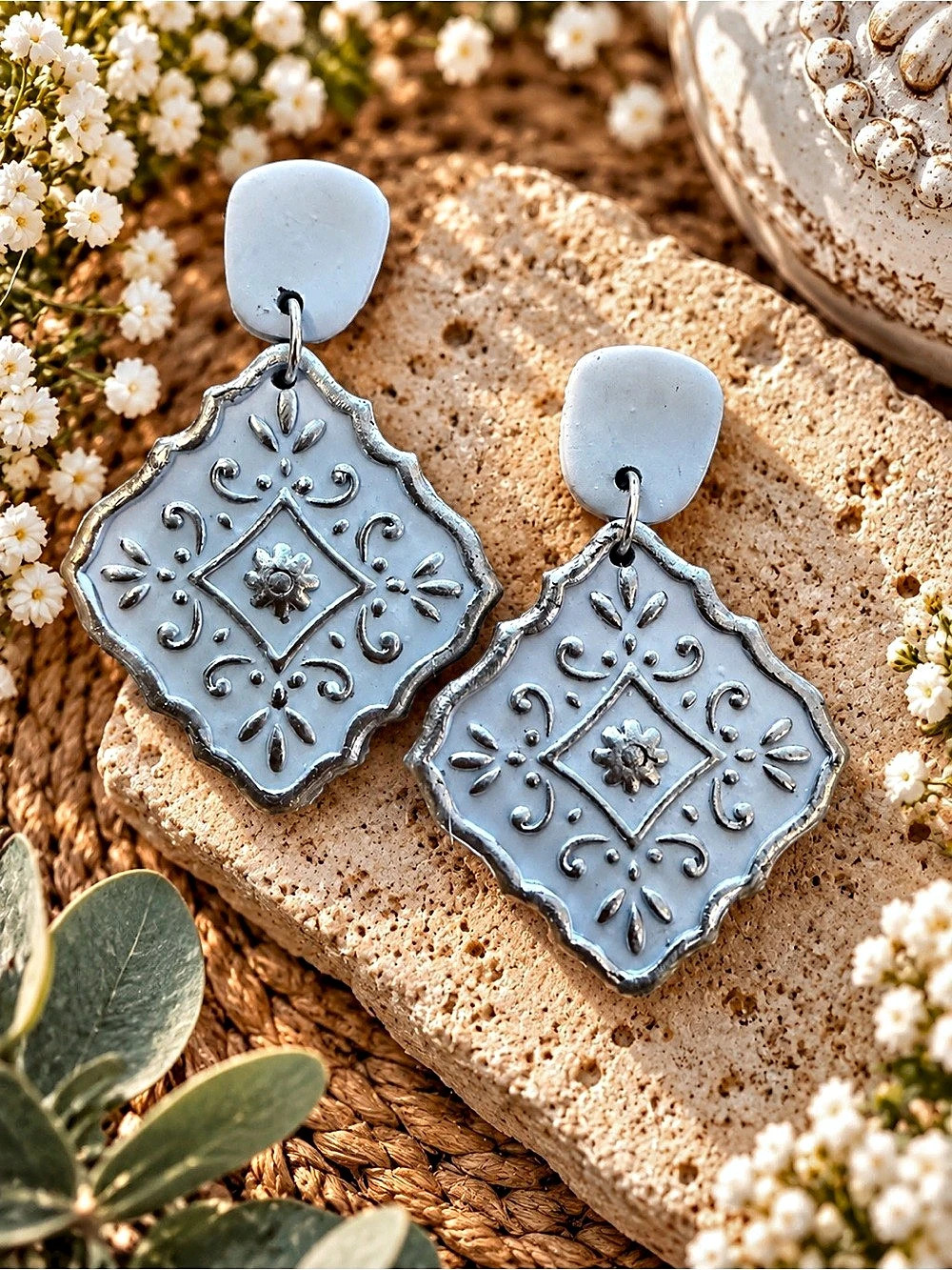 Geometric Drop Earrings in Silver & Blue Like New